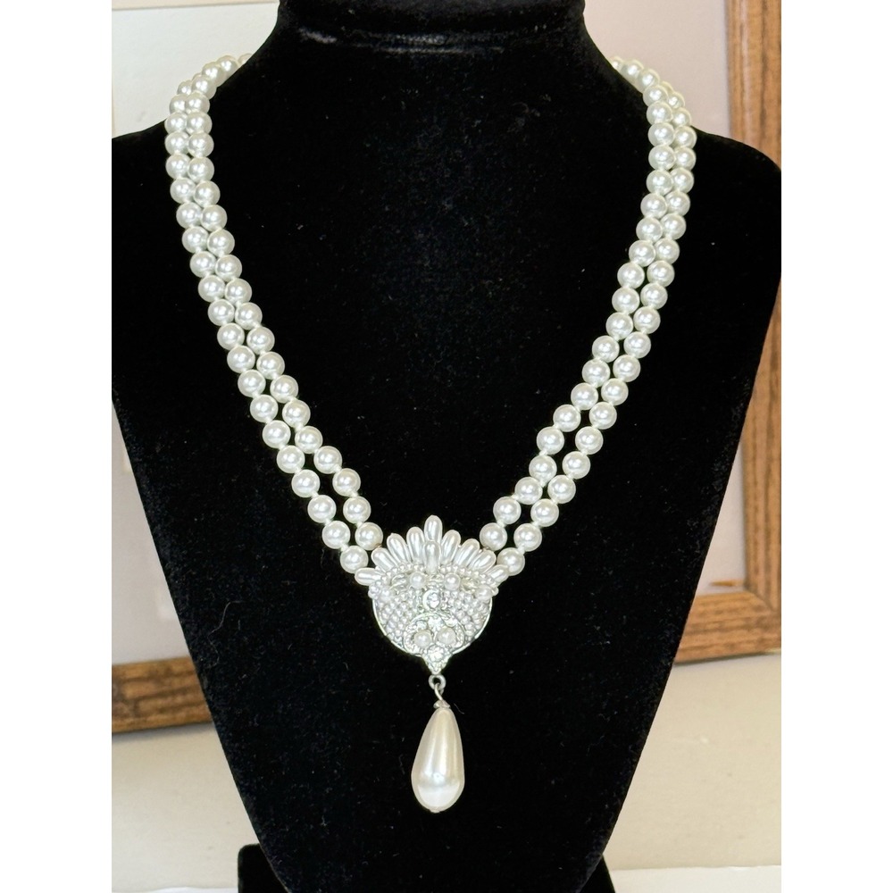 Vintage Faux Pearl Necklace 2 Strand Signed AFJ Italy